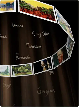 Spirala zdjęć sztuki Van Gogha z nastrojowymi opisami: Movies, Sunny Day, Pleasant, Romantic na czarnym tle