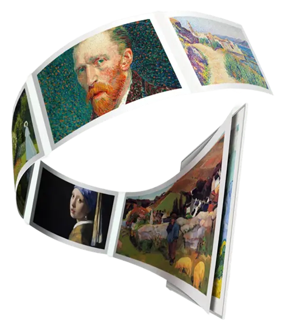 Spirala złożona z klasycznych obrazów sztuki, w tym portrety Van Gogha, Dziewczyna z perłą w galerii TCL