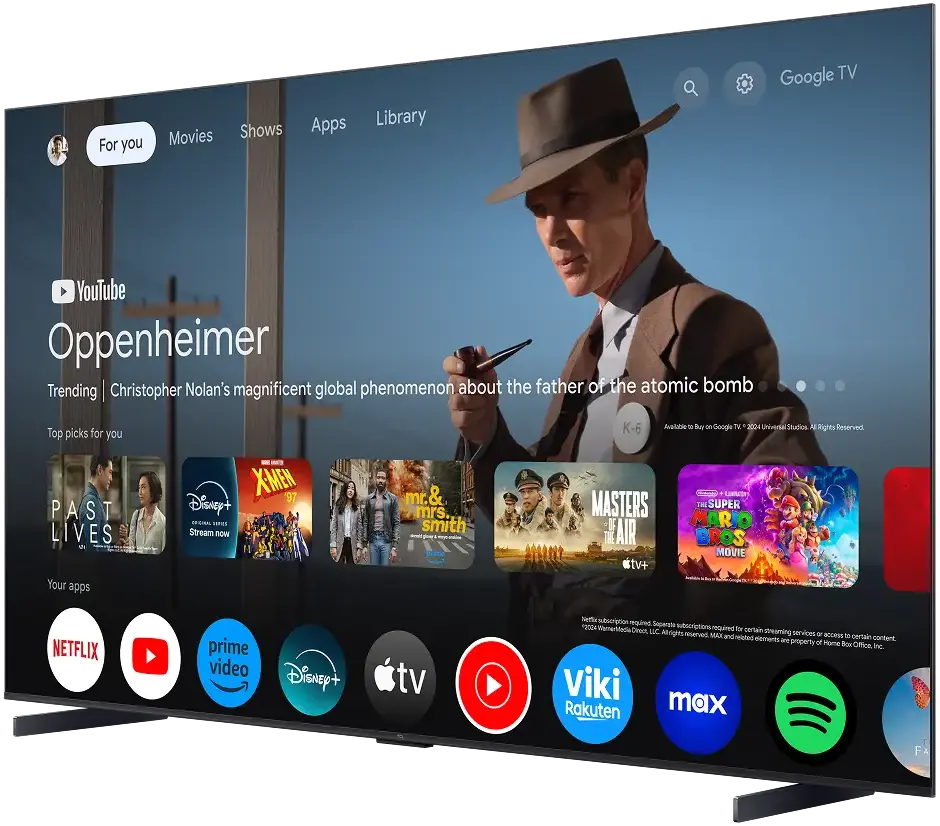 Telewizor TCL z interfejsem Google TV pokazującym film Oppenheimer oraz logo serwisów streamingowych