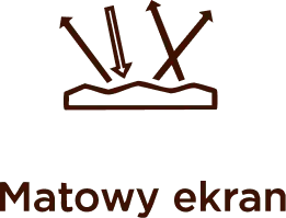 Ikona matowego ekranu z symbolem odbicia światła i napisem Matowy ekran w brązowym kolorze na białym tle