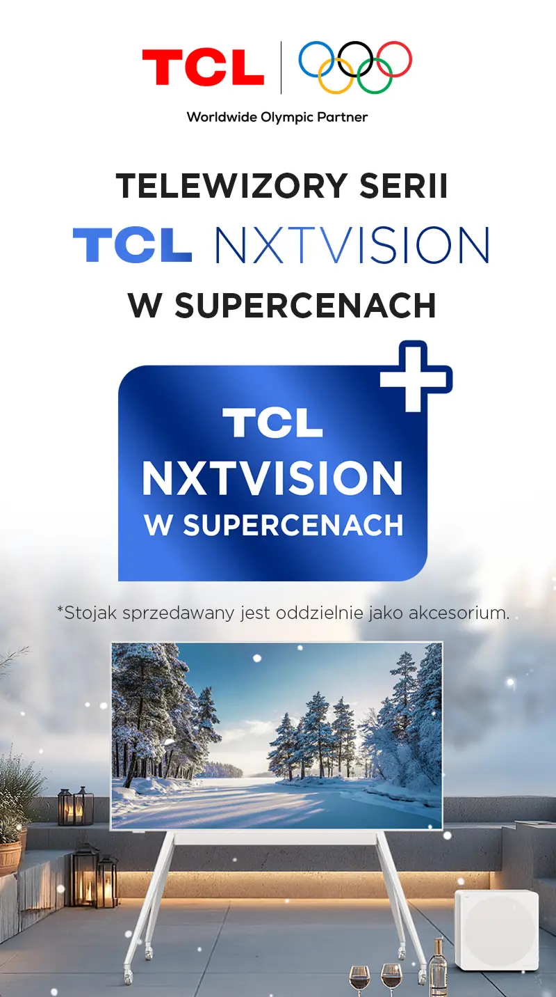 Telewizor TCL A300 PRO – sportowy obraz w zimowej scenerii, narciarz na stoku, logo TCL i Igrzysk Olimpijskich