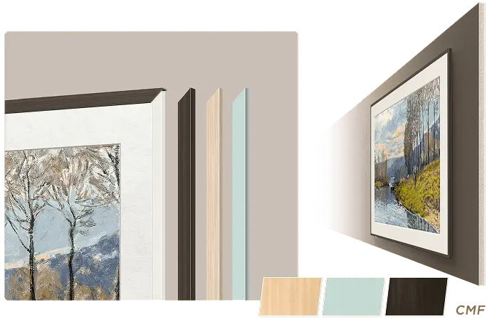 Telewizor z ciemną ramką Twilight Elm przedstawiający zimowy krajobraz z próbkami kolorów ramek na ścianie
