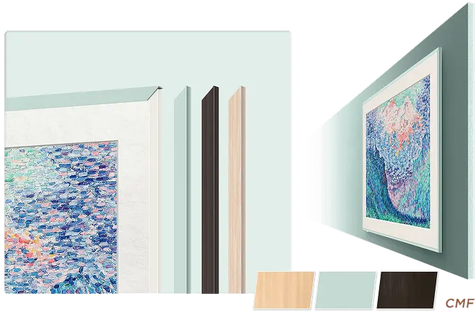 Telewizor z miętową ramką Vernal Mint wyświetlający abstrakcyjny obraz oceanu z próbkami kolorów ramek