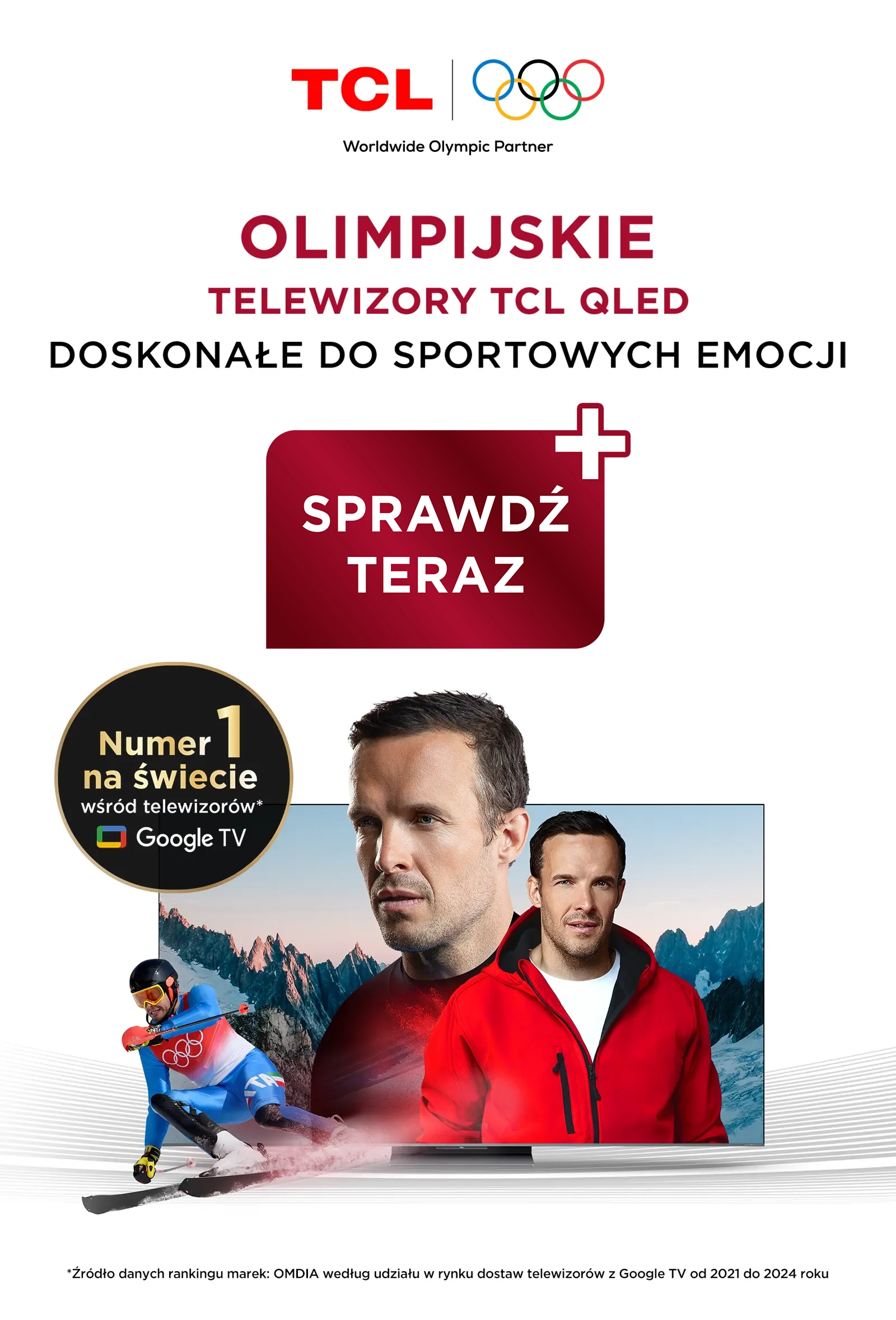 Baner główny Tcl: olimpijskie telewizory Qled, narciarz w stroju olimpijskim, napis Teraz w super cenach
