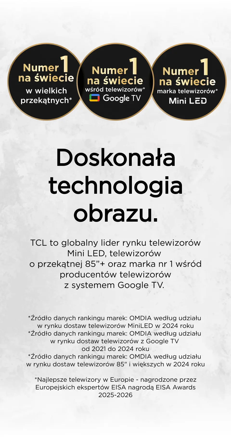 Trzy złote okręgi na ciemnym, złocisto-czarnym tle, z napisami numer 1 na świecie w różnych kategoriach TV.