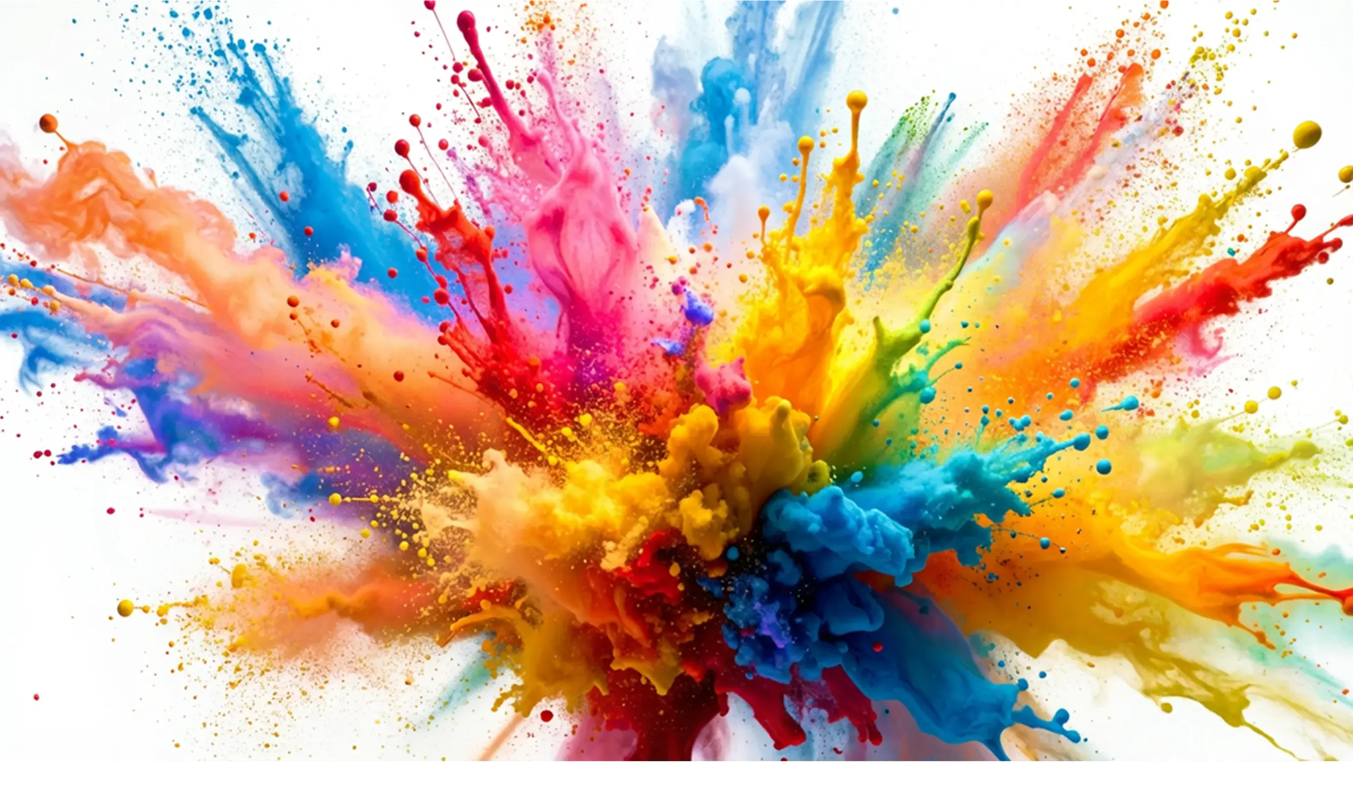 Duża kolorowa eksplozja farb w wielu odcieniach rozchodząca się dynamicznie na białym tle