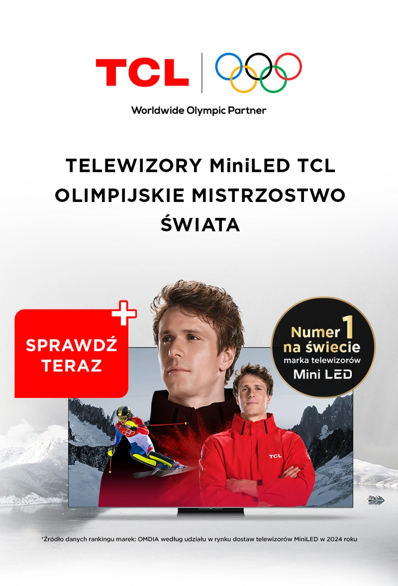 Telewizory TCL MiniLED, partner olimpijski. Ekran z narciarzem alpejskim, hasło o numerze 1 i informacja o super cenach