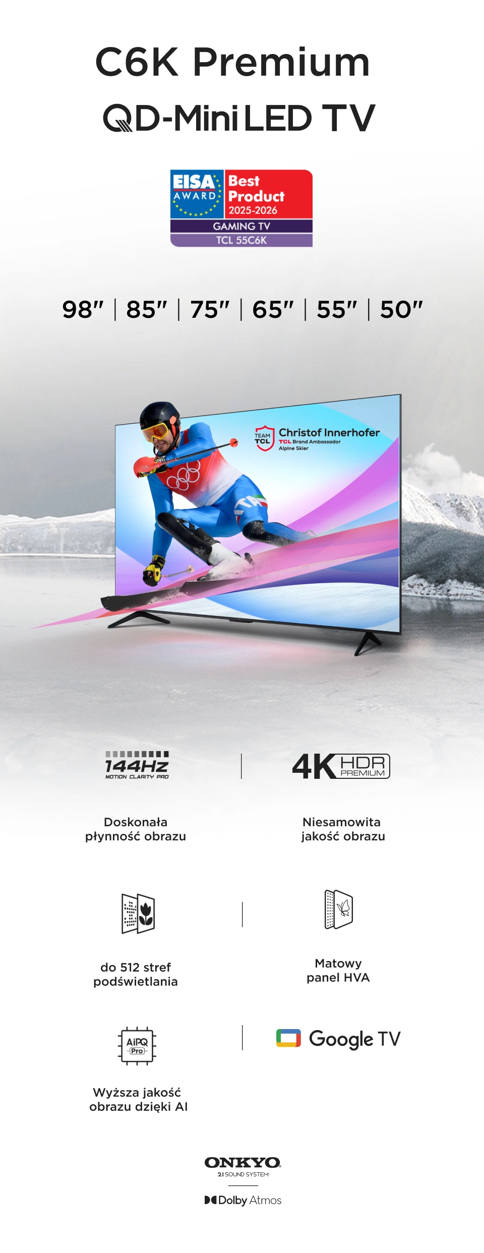 Telewizor TCL C8K QD‑MiniLED z narciarzem alpejskim na ekranie, informacjami o nagrodach EISA i technologiach obrazu