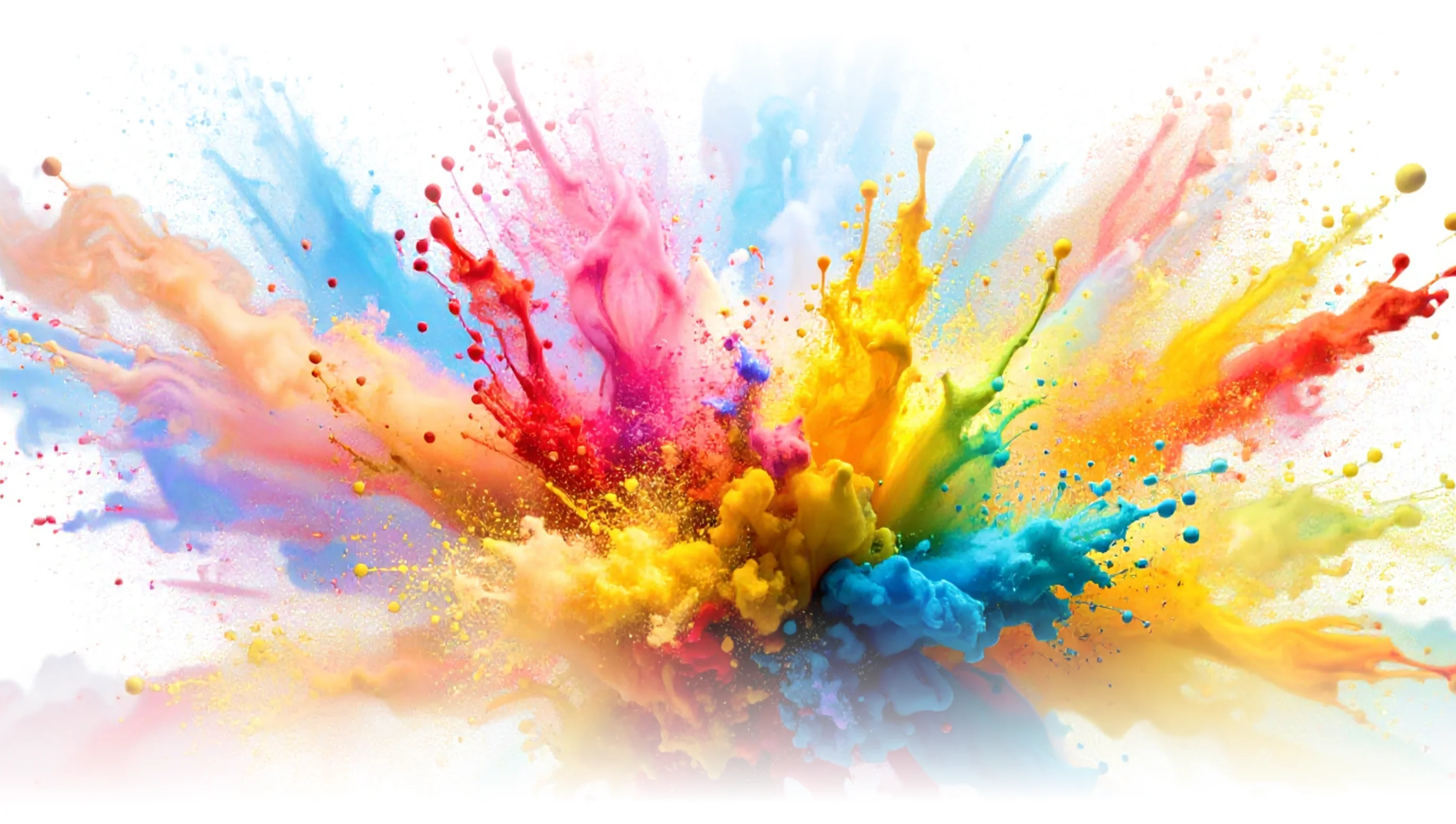 Dynamiczna i barwna eksplozja farb w odcieniach żółci, różu oraz błękitu na białym tle.