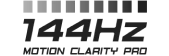 Czarny logotyp 144Hz Motion Clarity Pro z rzędem kwadratów symbolizujących płynność wyświetlania.