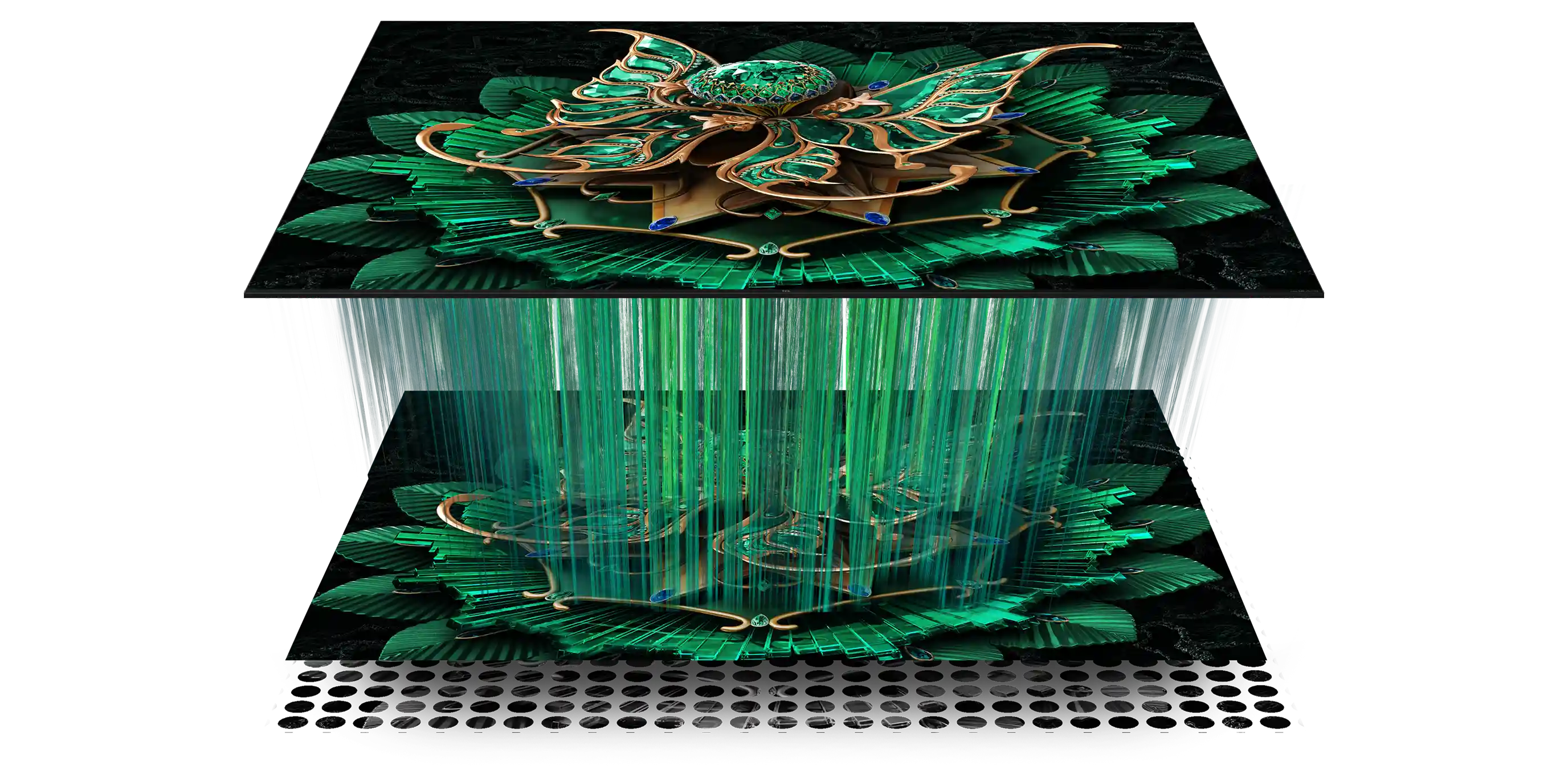 Grafika pokazująca warstwową budowę ekranu z motywem zielonego klejnotu i strefami podświetlenia Led.