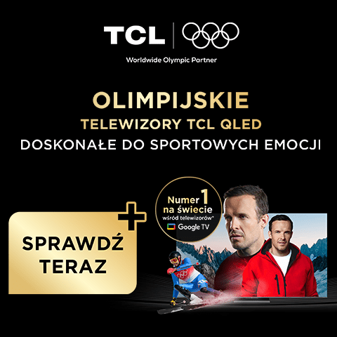 Baner główny Tcl: olimpijskie telewizory Qled, narciarz w stroju olimpijskim, napis Teraz w super cenach
