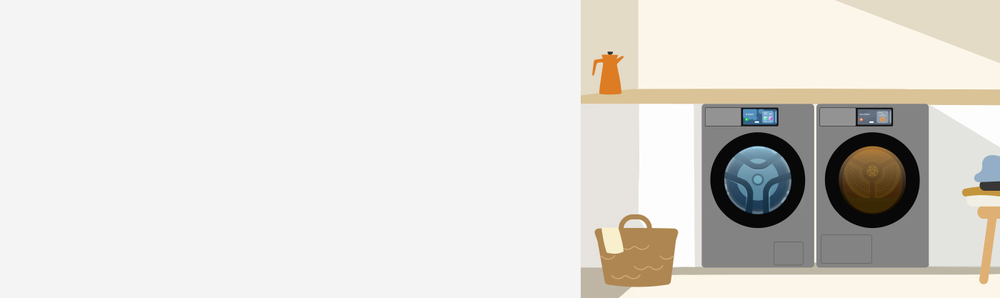 Ilustracja przedstawiająca dwie suszarki ustawione obok siebie oraz kosz na ubrania