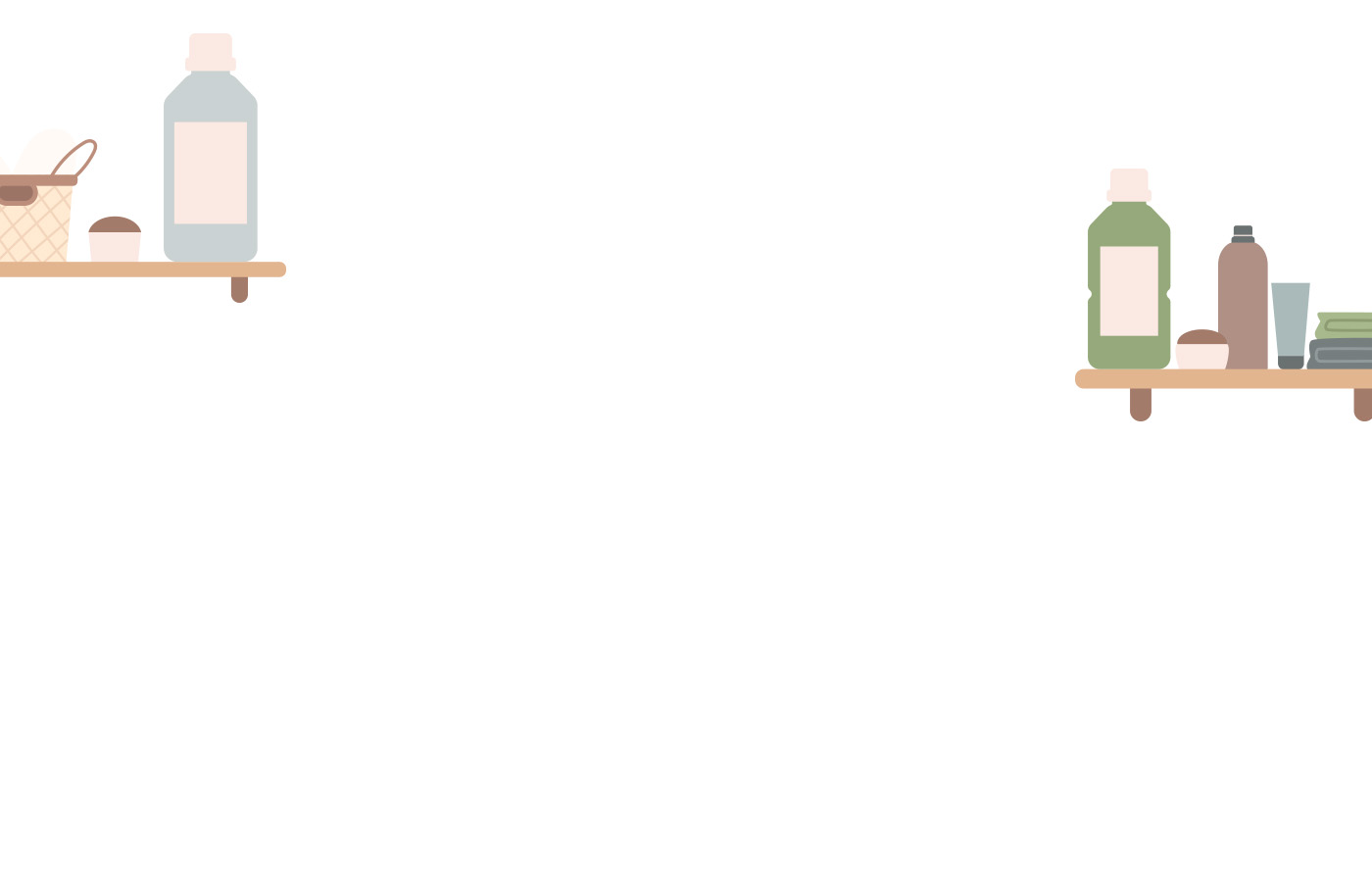 Ilustracja przedstawiająca pojemniki, butelki oraz kosmetyki ustawione na półce, w pastelowych kolorach.