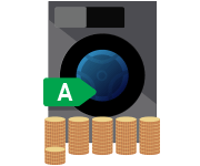 Ilustracja suszarki z klasą energetyczną A, z wizualizacją oszczędności w postaci stosu monet.