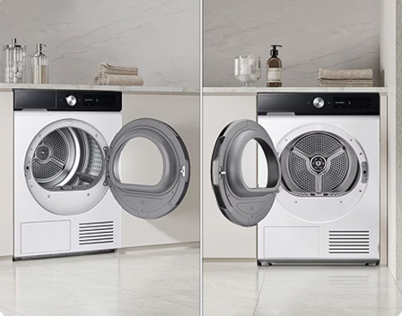 Zestawienie dwóch suszarek z otwartymi drzwiami, pokazujące możliwość zmiany kierunku otwierania drzwi