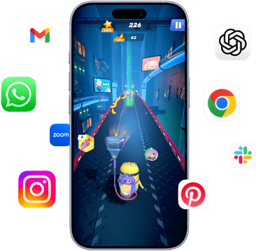 iPhone z grą Minion Rush na ekranie. Wokół telefonu ikony apek Gmail, WhatsApp, Zoom, Instagram, ChatGPT, Google Chrome, Slack i Pinterest