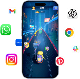 iPhone z grą Minion Rush na ekranie. Wokół telefonu ikony apek Gmail, WhatsApp, Zoom, Instagram, ChatGPT, Google Chrome, Slack i Pinterest