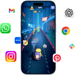iPhone z grą Minion Rush na ekranie. Wokół telefonu ikony apek Gmail, WhatsApp, Zoom, Instagram, ChatGPT, Google Chrome, Slack i Pinterest