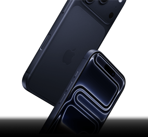 Dwa iPhone’y 17 Pro w kolorze głębinowego błękitu spadają, jeden przodem, drugi tyłem, prezentując wytrzymałość swojej konstrukcji