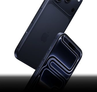 Dwa iPhone’y 17 Pro w kolorze głębinowego błękitu spadają, jeden przodem, drugi tyłem, prezentując wytrzymałość swojej konstrukcji