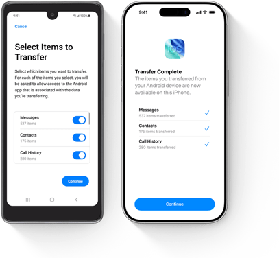 Urządzenie z systemem Android w trakcie transferu danych obok iPhone’a z otwartą aplikacją Przenieś do iOS i zakończonym transferem danych