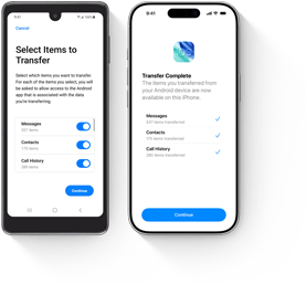 Urządzenie z systemem Android w trakcie transferu danych obok iPhone’a z otwartą aplikacją Przenieś do iOS i zakończonym transferem danych