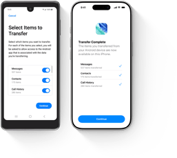 Urządzenie z systemem Android w trakcie transferu danych obok iPhone’a z otwartą aplikacją Przenieś do iOS i zakończonym transferem danych