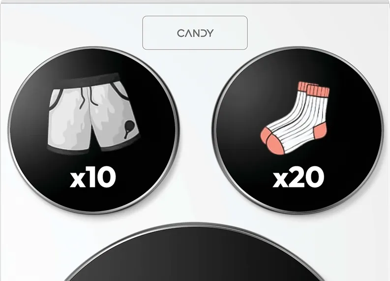 Górne bębny pralki Candy MultiWash z grafiką przedstawiającą pojemność: 10 par szortów i 20 par skarpetek.