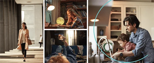 Kobieta idąca ulicą, dziecko przy komputerze, osoba leżąca z tabletem, mężczyzna z dzieckiem przy zlewie kuchennym.