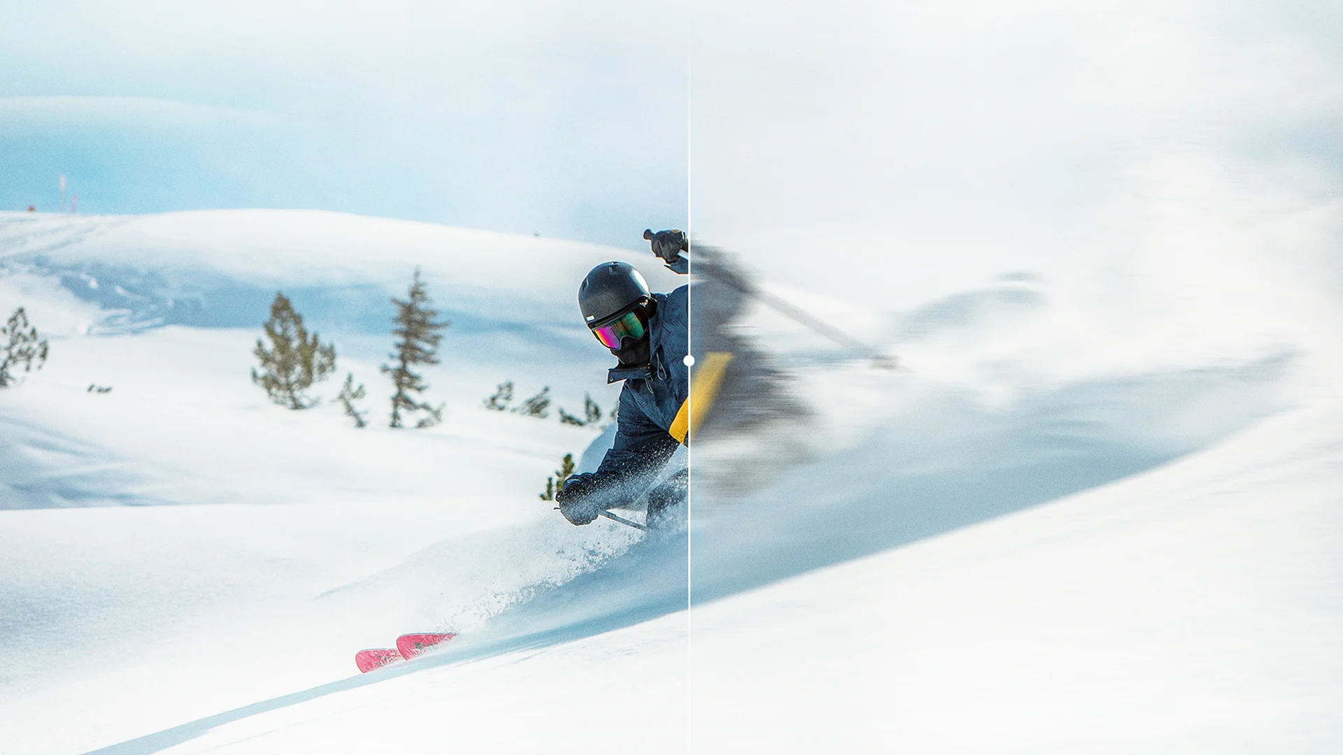 Narciarz na stoku w podzielonym widoku - obraz ostry po lewej, rozmyty po prawej stronie.