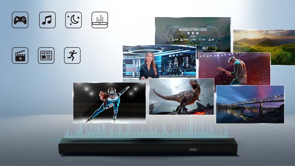 Soundbar Hisense prezentujący różne tryby dźwięku dopasowane do typu oglądanych treści.