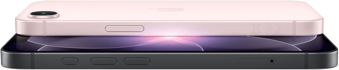 iPhone 17e w pozycji poziomej, bok i tył obudowy, kolor jasnoróżowy. iPhone 17e w pozycji poziomej, bok i tył obudowy, kolor czarny