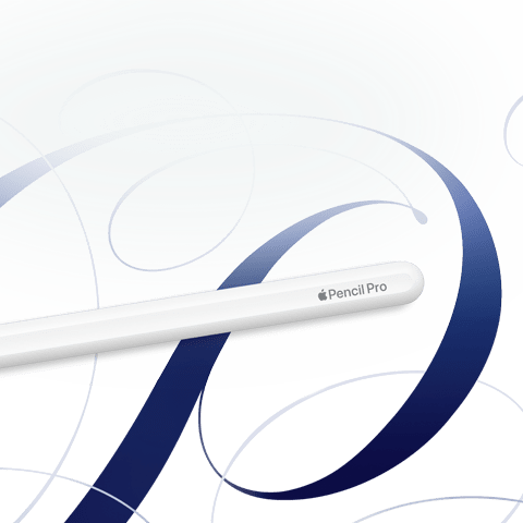 Apple Pencil Pro, biały, pokazany na białym tle z niebieskimi zawijasami