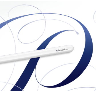 Apple Pencil Pro, biały, pokazany na białym tle z niebieskimi zawijasami