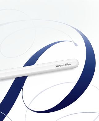 Apple Pencil Pro, biały, pokazany na białym tle z niebieskimi zawijasami