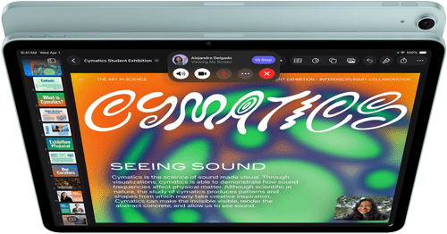 iPad Air, kolor niebieski, góra obudowy, na ekranie wyświetlana jest funkcja udostępniania ekranu aplikacji Keynote podczas rozmowy przez FaceTime, tył obudowy, tylny aparat szerokokątny 12 MP, przycisk zwiększania głośności, przycisk zmniejszania głośności