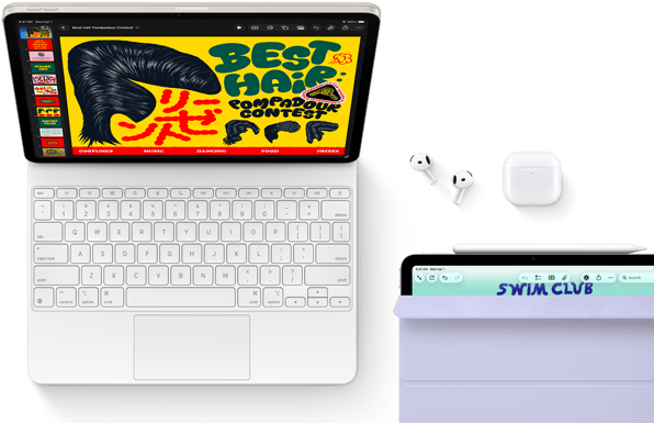 iPad Air, kolor księżycowej poświaty, kolorowa grafika na ekranie, podłączony do klawiatury Magic Keyboard, słuchawek AirPods Pro i Apple Pencil Pro