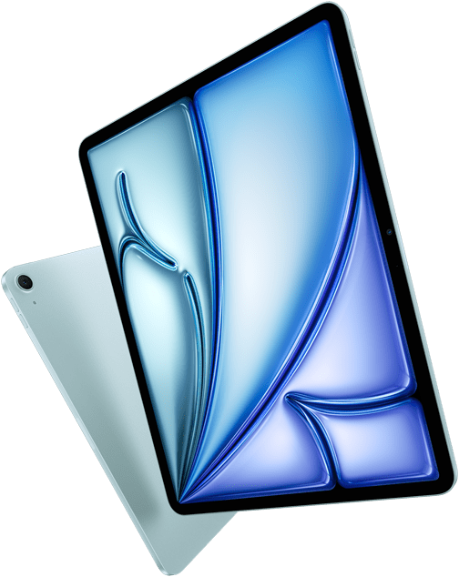 Przód ustawionego pod kątem 13‑calowego iPada Air eksponujący jego kolorowy wyświetlacz i tył 11‑calowego iPada Air prezentujący obudowę i tylny aparat szerokokątny 12 MP