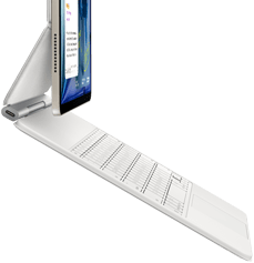 iPad Air, kolor księżycowej poświaty, połączony z klawiaturą Magic Keyboard, kolor biały, bok obudowy