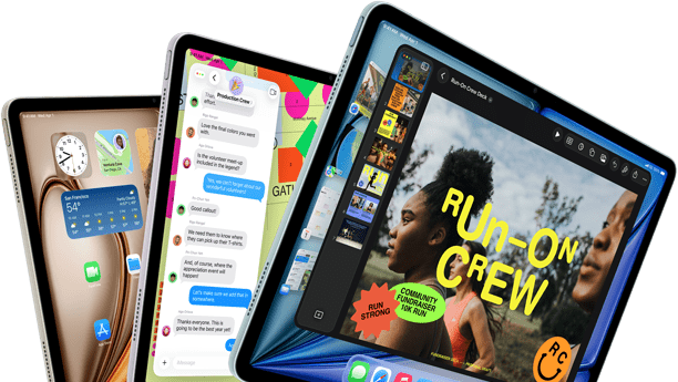 Trzy wyświetlacze iPada Air ułożone w wachlarz, kolory: niebieski, fioletowy i księżycowa poświata, przód obudowy, bok obudowy, na ekranie wyświetlane aplikacje Keynote, Wiadomości i ekran główny