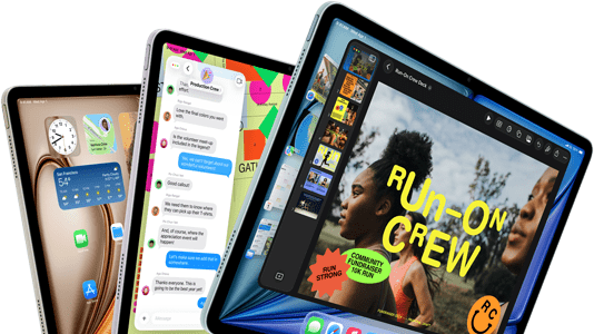 Trzy wyświetlacze iPada Air ułożone w wachlarz, kolory: niebieski, fioletowy i księżycowa poświata, przód obudowy, bok obudowy, na ekranie wyświetlane aplikacje Keynote, Wiadomości i ekran główny