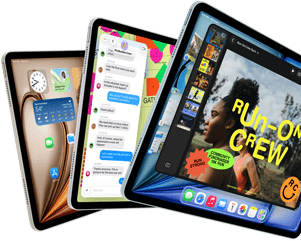 Trzy wyświetlacze iPada Air ułożone w wachlarz, kolory: niebieski, fioletowy i księżycowa poświata, przód obudowy, bok obudowy, na ekranie wyświetlane aplikacje Keynote, Wiadomości i ekran główny