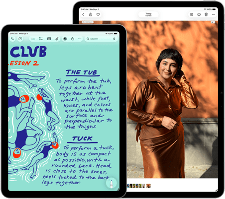Dwa iPady Air w rozmiarach 11 i 13 cali, na ekranie 11‑calowego modelu przedstawiony jest kolorowy tekst w aplikacji Notatki, na ekranie 13‑calowego modelu przedstawione jest zdjęcie osoby w aplikacji Zdjęcia