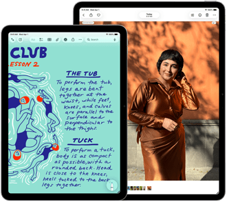 Dwa iPady Air w rozmiarach 11 i 13 cali, na ekranie 11‑calowego modelu przedstawiony jest kolorowy tekst w aplikacji Notatki, na ekranie 13‑calowego modelu przedstawione jest zdjęcie osoby w aplikacji Zdjęcia