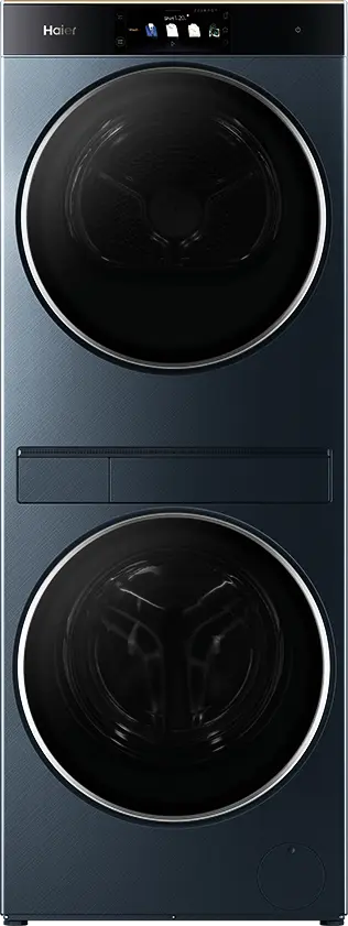 Pralka i suszarka Haier w układzie pionowym, w kolorze ciemnoszarym, z czarnymi drzwiczkami i panelem sterowania.