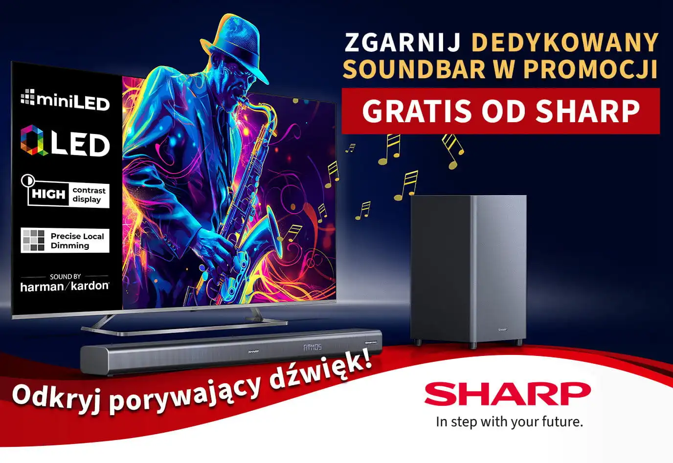 Telewizor Sharp miniLED QLED z soundbarem gratis i hasłem promocyjnym na banerze reklamowym