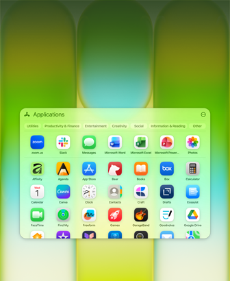 Ekran MacBooka Neo z oknem aplikacji zawierającym: Microsoft PowerPoint, Word, Excel i OneNote, Google Chrome i Dysk Google, FaceTime, Wiadomości, Zdjęcia, Notatki, Canva, WhatsApp, Zoom, Essayist, Craft, Affinity, Box i Todoist