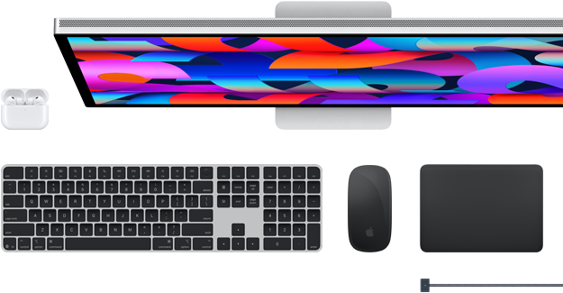 Akcesoria do Maca: AirPods, monitor Studio Display, klawiatura Magic Keyboard, mysz Magic Mouse, gładzik Magic Trackpad, przewód do ładowania MagSafe