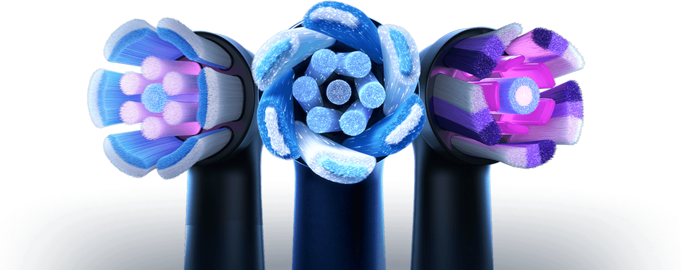 Grafika przedstawiająca trzy końcówki szczoteczki Oral-B. Od lewej: Gentle Care, Ultimate Clean, Radiant White.